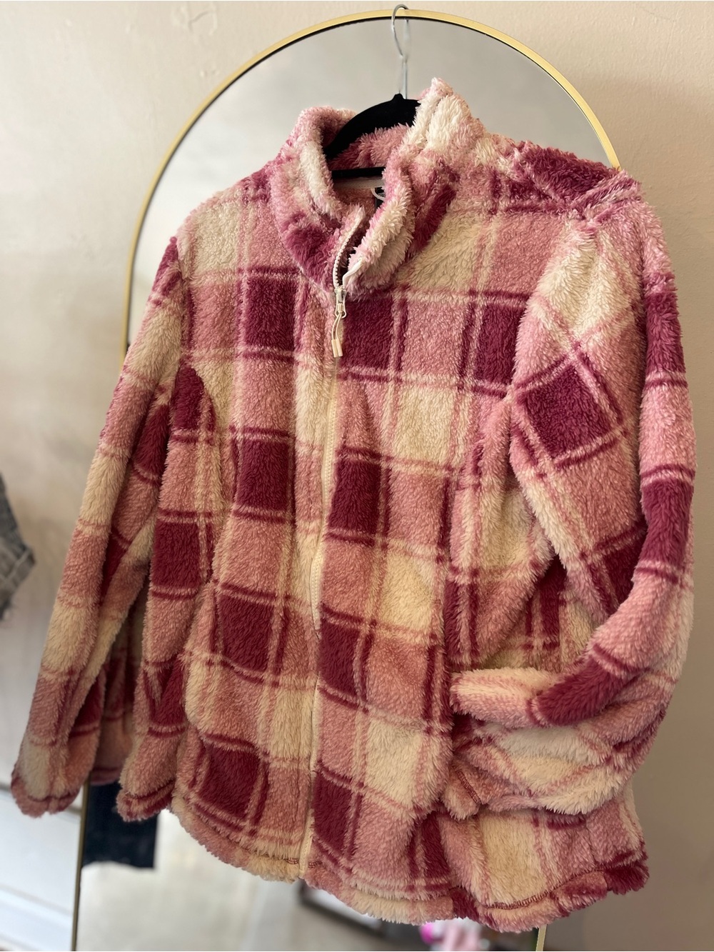 32 Degrees Pink and Cream Plaid Sherpa Zip Jacket